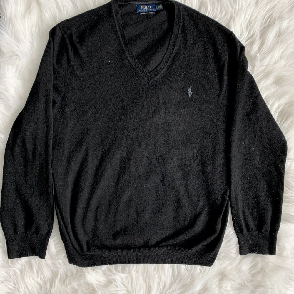 Men's Black Polo V-Neck Merino Wool Sweater - XL